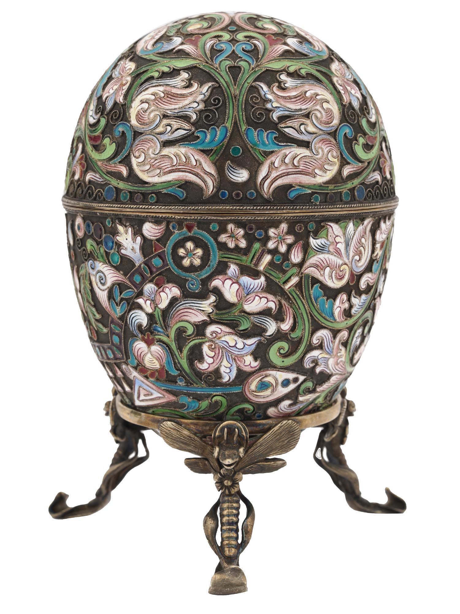 LARGE RUSSIAN SILVER CLOISONNE ENAMEL EGG W STAND PIC-1